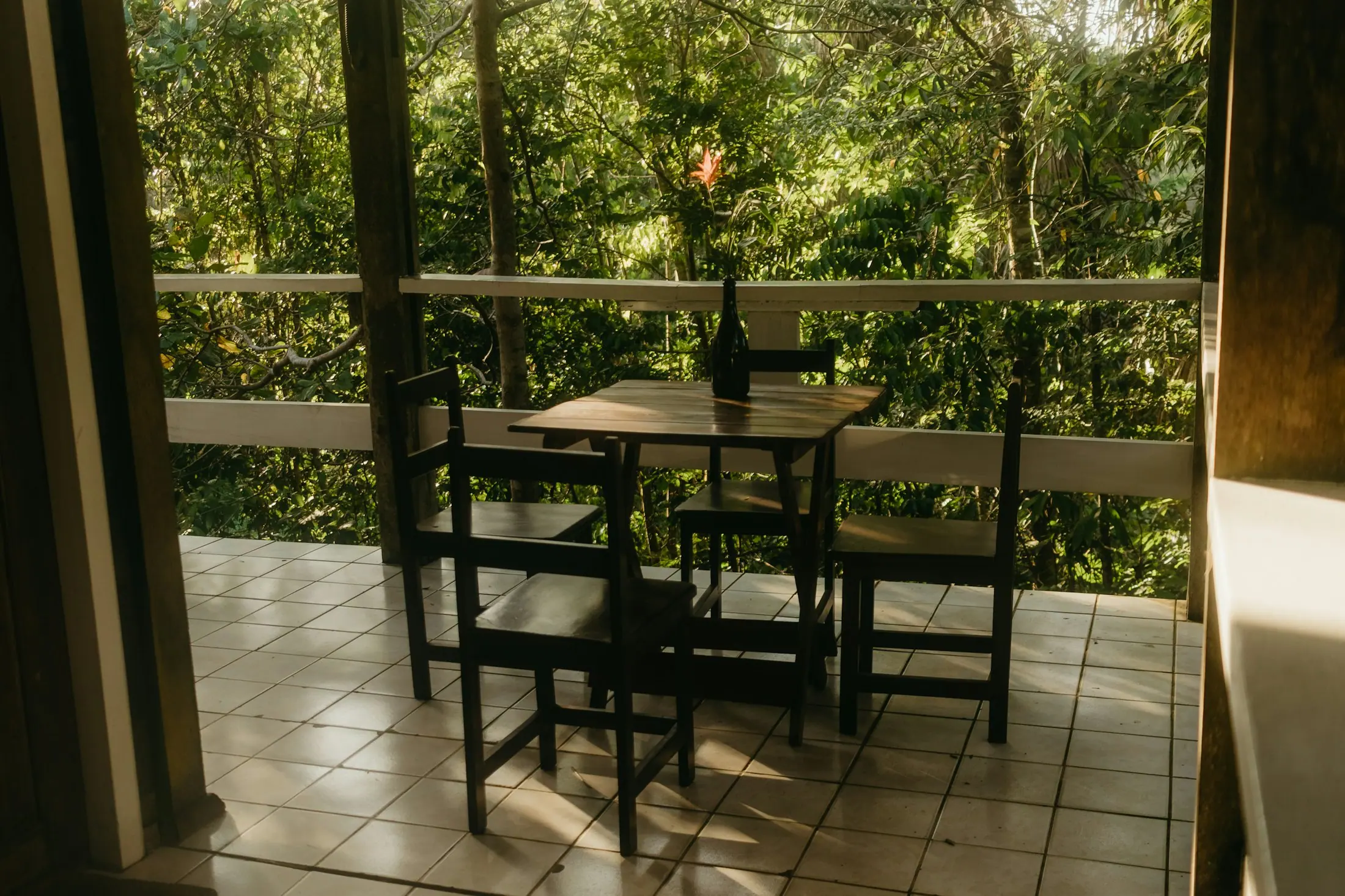 A villa terrace looking out over forest