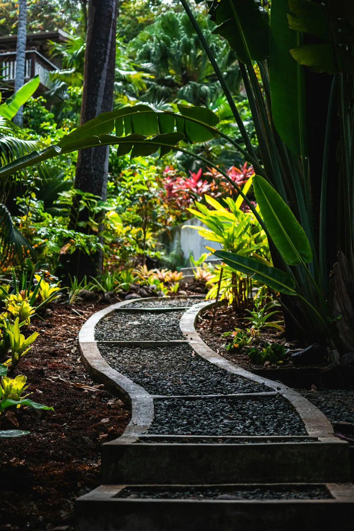 A stone path winding through planted gardens
